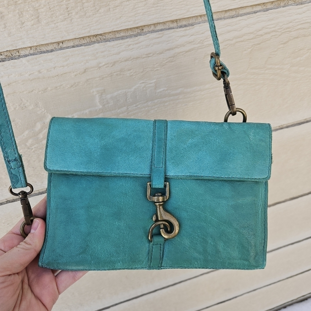 Free People turquoise green leather clutch with detachable crossbody strap